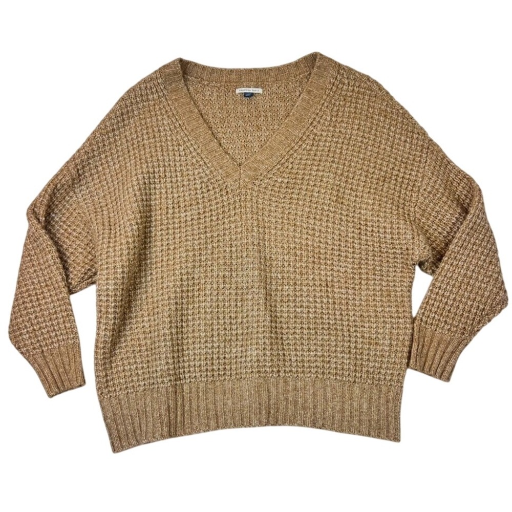 American Eagle AE Woah So Cozy V-Neck Waffle Ribbed Sweater‎ Camel Brown XL